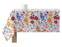 Nappe Anti-Taches 100% Coton 1 Piece Blanc A Fleurs Vives 200X140