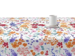 Nappe Anti-Taches 100% Coton 1 Piece Blanc A Fleurs Vives 200X140