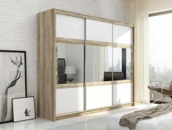 Roupeiro 3 Portas De Correr Com Espelho C250 Cm Cor Natural E Branco - Leovia
