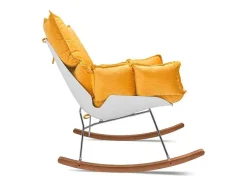 Santiago - Poltrona De Balanco Design Em Pp E Madeira De Pinho. Cadeira De Baloico Com Almofada De Veludo Amarelo Delia Acolchoada E Acolchoada