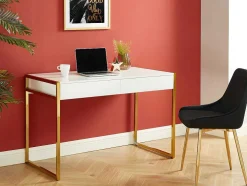 Secretária Com 2 Gavetas Em Mdf E Metal Cor Branco E Dourado - Mason