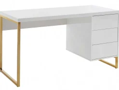 Secretária Com 3 Gavetas, Mdf Lacado E Metal, Branco E Dourado - Timfia