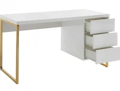 Secretária Com 3 Gavetas, Mdf Lacado E Metal, Branco E Dourado - Timfia