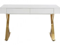 Secretária Com 2 Gavetas, Mdf Lacado E Metal, Branco E Dourado - Pleisa