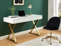 Secretária Com 2 Gavetas, Mdf Lacado E Metal, Branco E Dourado - Pleisa