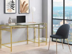 Secretária Com 2 Prateleiras Em Vidro Temperado E Aco Cor Dourado - Tizio
