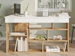 Secretária De Canto Com Espacos De Arrumação Cor Branco E Natural - Lileul