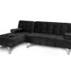 Sofá Chaise Longue Aroa-Xs, Veludo De 3 Lugares Conversivel Em Cama, Cor Preta, 198X150Cm