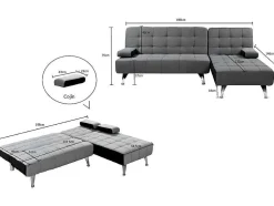 Sofá Chaise Longue Aroa-Xs, Veludo De 3 Lugares Conversivel Em Cama, Cor Cinza, 198X150Cm