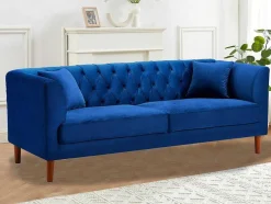 Sofá Chesterfield De 3 Lugares Em Veludo Azul-Escuro - Arsene