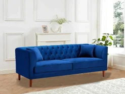 Sofá Chesterfield De 3 Lugares Em Veludo Azul-Escuro - Arsene