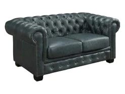 Sofá Chesterfield 2 Lugares Brenton 100% Pele De Bufalo Superior Cor Verde-Acinzentado