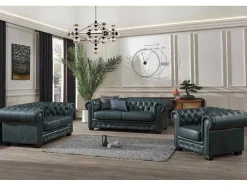 Sofá Chesterfield 2 Lugares Brenton 100% Pele De Bufalo Superior Cor Verde-Acinzentado