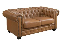 Sofá Chesterfield 2 Lugares Brenton 100% Pele De Bufalo Superior Cor Caramelo Vintage