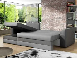 Sofá De Canto Convertivel Em Cama E Reversivel Em Tecido Cinzento Claro Com Faixas Em Cinzento Escuro - Giany