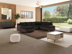Sofá De Canto Panorâmico Convertivel Em Cama E Reversivel Em Pele Sintética E Tecido Castanho - Dakota