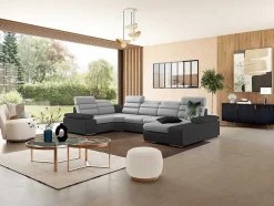 Sofá De Canto Panorâmico Modular Em Tecido E Pele Sintética Bicolor Cinzento Claro E Cinzento Escuro - Canto Direito - Boileau