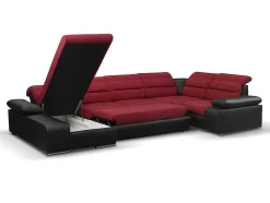 Sofá De Canto Panorâmico Modular Em Tecido E Pele Sintéticabicolor Vermelho E Preto - Canto Esquerdo - Boileau