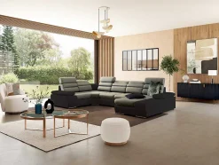 Sofá De Canto Panorâmico Modular Em Tecido E Pele Sintéticabicolor Bege E Castanho - Canto Direito - Boileau