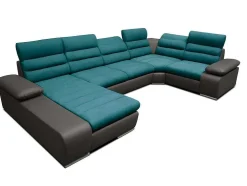 Sofá De Canto Panorâmico Modular Em Tecido E Pele Sintética Bicolor Turquesa E Cinzento Escuro - Canto Esquerdo - Boileau