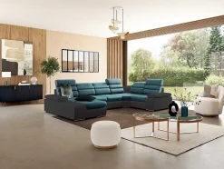 Sofá De Canto Panorâmico Modular Em Tecido E Pele Sintética Bicolor Turquesa E Cinzento Escuro - Canto Esquerdo - Boileau