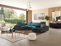 Sofá De Canto Panorâmico Modular Em Tecido E Pele Sintética Bicolor Turquesa E Cinzento Escuro - Canto Direito - Boileau