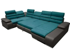 Sofá De Canto Panorâmico Modular Em Tecido E Pele Sintética Bicolor Turquesa E Cinzento Escuro - Canto Direito - Boileau
