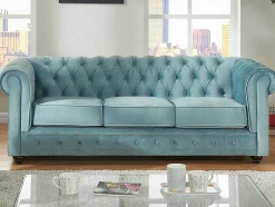 Sofá De 3 Lugares Chesterfield - Veludo Azul Pastel
