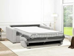 Sofá De 3 Lugares Convertivel Abertura Rapida Veludo Canelado Bege, Cama De Ripas Largas 140 Cm, Colchão De 18 Cm - Mondovi