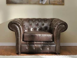 Sofá De 3+2+1 Lugares 100% Couro Envelhecido Estilo Chesterfield - Clotaire