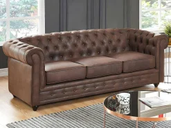 Sofá De 3 Lugares E Cadeirão Chesterfield Em Microfibra Com Aspeto De Pele Envelhecida