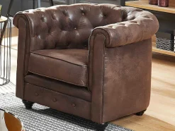 Sofá De 3 Lugares E Cadeirão Chesterfield Em Microfibra Com Aspeto De Pele Envelhecida