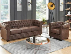 Sofá De 3 Lugares E Cadeirão Chesterfield Em Microfibra Com Aspeto De Pele Envelhecida