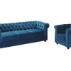 Sofá De 3 Lugares E Cadeirão Chesterfield - Veludo Azul Esverdeado
