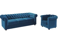 Sofá De 3 Lugares E Cadeirão Chesterfield - Veludo Azul Esverdeado