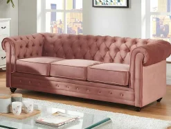 Sofá De 3 Lugares E Cadeirão Chesterfield - Veludo Rosa Pastel