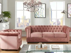 Sofá De 3 Lugares E Cadeirão Chesterfield - Veludo Rosa Pastel