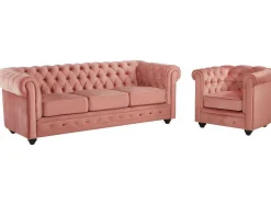 Sofá De 3 Lugares E Cadeirão Chesterfield - Veludo Rosa Pastel