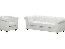 Sofá De 3 Lugares E Cadeirão Em Pele Sintética Branco - Chesterfield