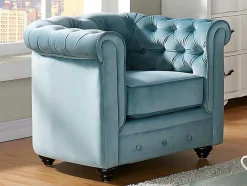 Sofá De 3 Lugares E 2 Cadeiroes Chesterfield - Veludo Azul Pastel