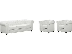 Sofá De 3 Lugares E 2 Cadeiroes Em Pele Sintética Branco - Chesterfield