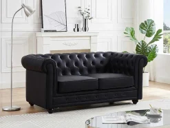 Sofá De 2 Lugares Em Pele Sintética Preto - Chesterfield