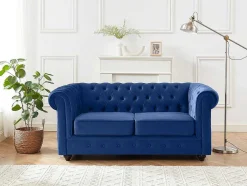 Sofá De 2 Lugares Em Veludo Cor Azul Real - Chesterfield