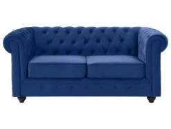 Sofá De 2 Lugares Em Veludo Cor Azul Real - Chesterfield