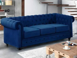 Sofá De 3+2 Lugares Em Veludo Cor Azul Real - Chesterfield