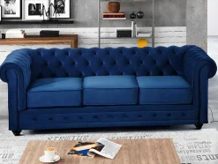Sofá De 3+2 Lugares Em Veludo Cor Azul Real - Chesterfield