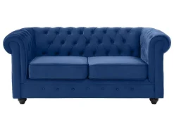 Sofá De 3+2 Lugares Em Veludo Cor Azul Real - Chesterfield