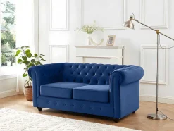 Sofá De 3+2 Lugares Em Veludo Cor Azul Real - Chesterfield