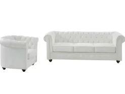Sofá De 3 Lugares E Poltrona Em Pele De Bufalo - Branco - Chesterfield