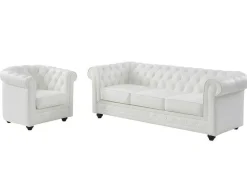 Sofá De 3 Lugares E Poltrona Em Pele De Bufalo - Branco - Chesterfield